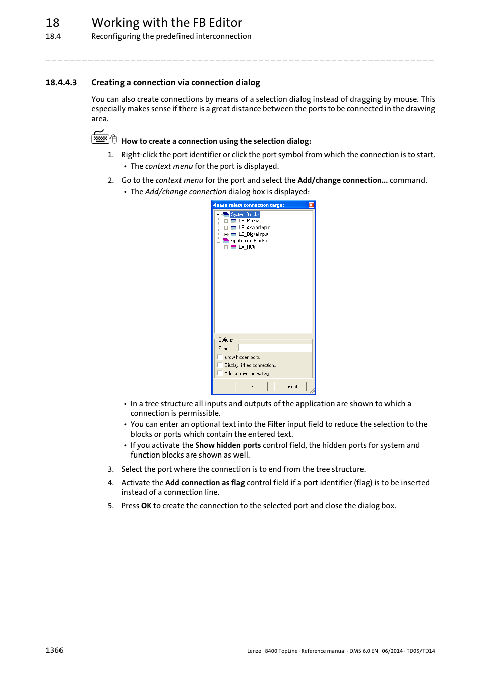 3 creating a connection via connection dialog, Creating a connection via connection dialog 6, 18 working with the fb editor | Lenze 8400 TopLine User Manual | Page 1366 / 1760