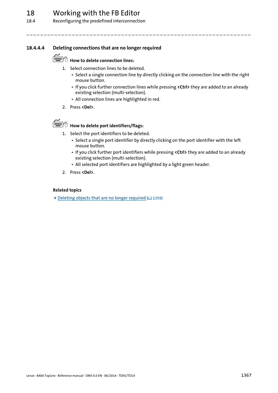 4 deleting connections that are no longer required, Deleting connections that are no longer required 7, 18 working with the fb editor | Lenze 8400 TopLine User Manual | Page 1367 / 1760