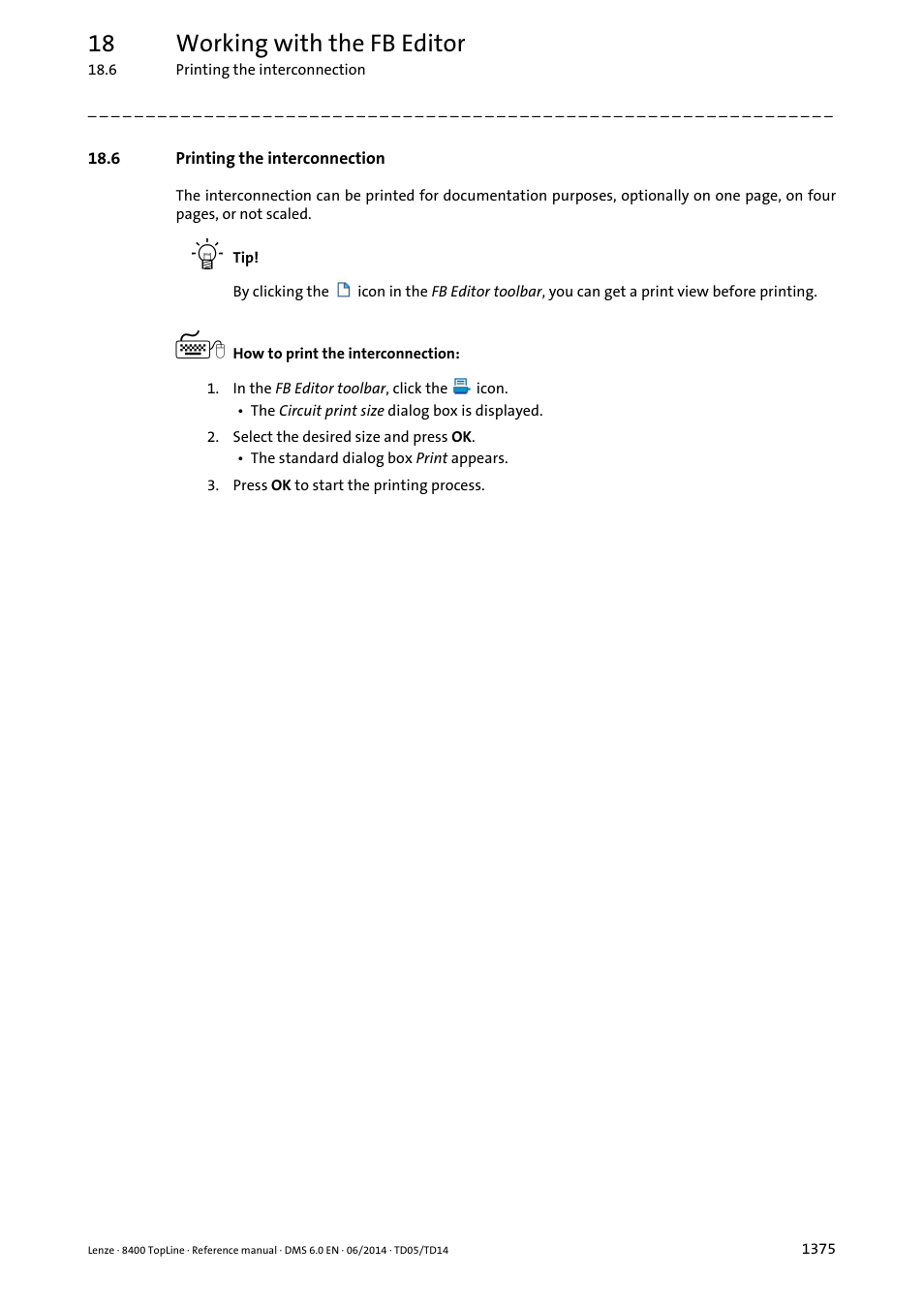 6 printing the interconnection, 6 printing the interconnection 5, Printing the interconnection ( 1375) | 18 working with the fb editor | Lenze 8400 TopLine User Manual | Page 1375 / 1760