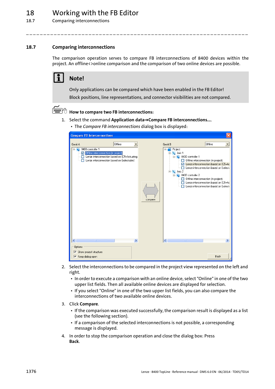 7 comparing interconnections, 7 comparing interconnections 6, 18 working with the fb editor | Lenze 8400 TopLine User Manual | Page 1376 / 1760