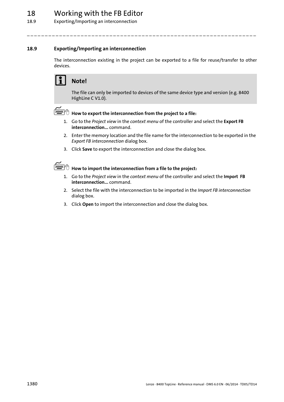 9 exporting/importing an interconnection, 9 exporting/importing an interconnection 0, 18 working with the fb editor | Lenze 8400 TopLine User Manual | Page 1380 / 1760