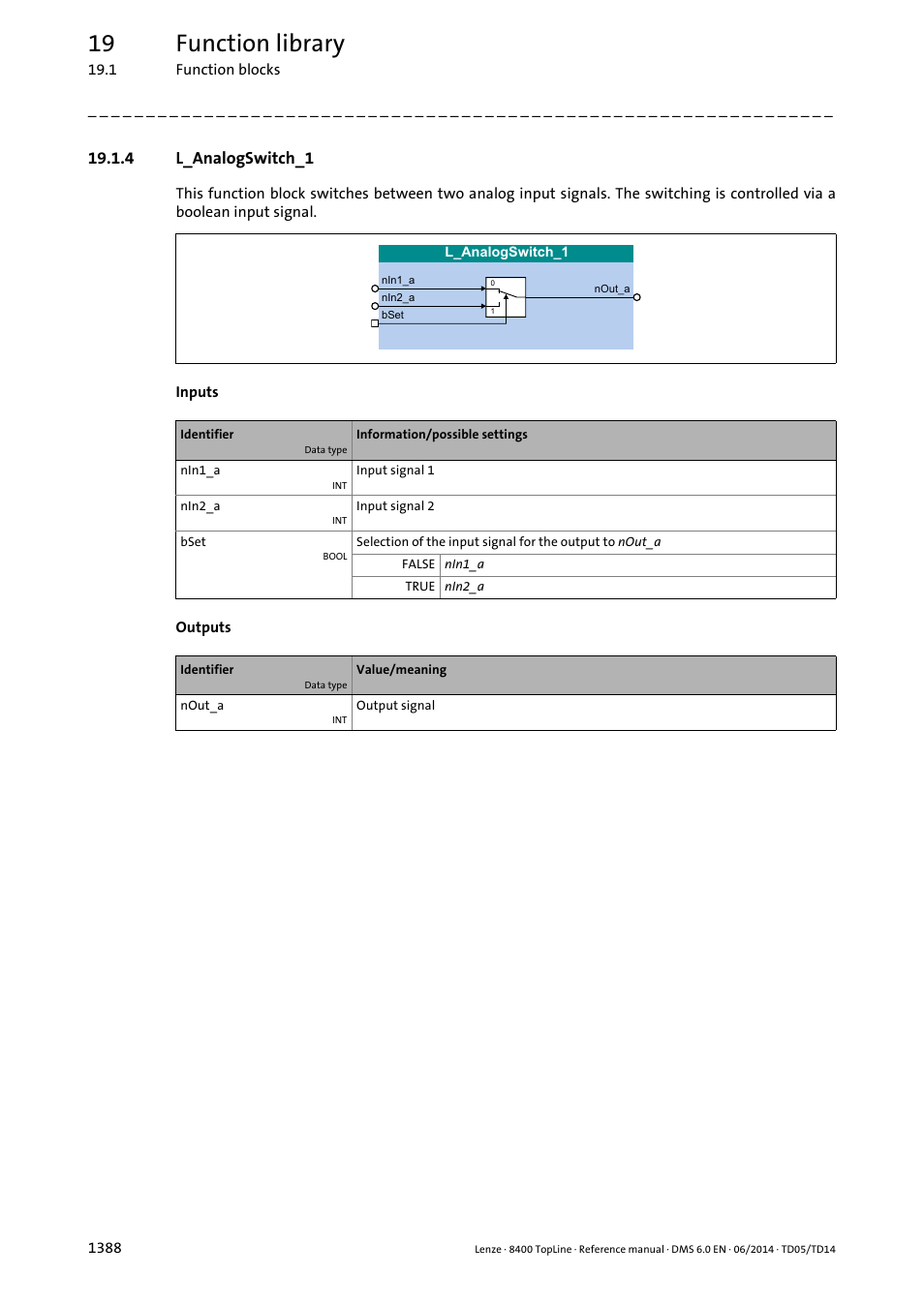 4 l_analogswitch_1, L_analogswitch_1 8, L_analogswitch | L_analogswitch_1, 19 function library | Lenze 8400 TopLine User Manual | Page 1388 / 1760