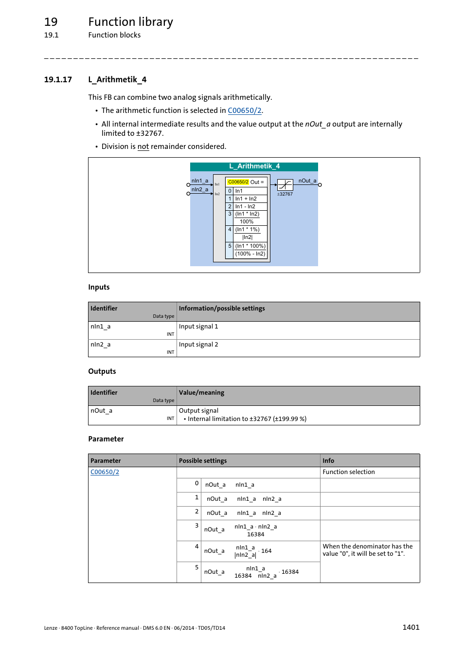 17 l_arithmetik_4, 17 l_arithmetik_4 1, L_arithmetik_4 | Nin1_a, Nin2_a, 19 function library | Lenze 8400 TopLine User Manual | Page 1401 / 1760