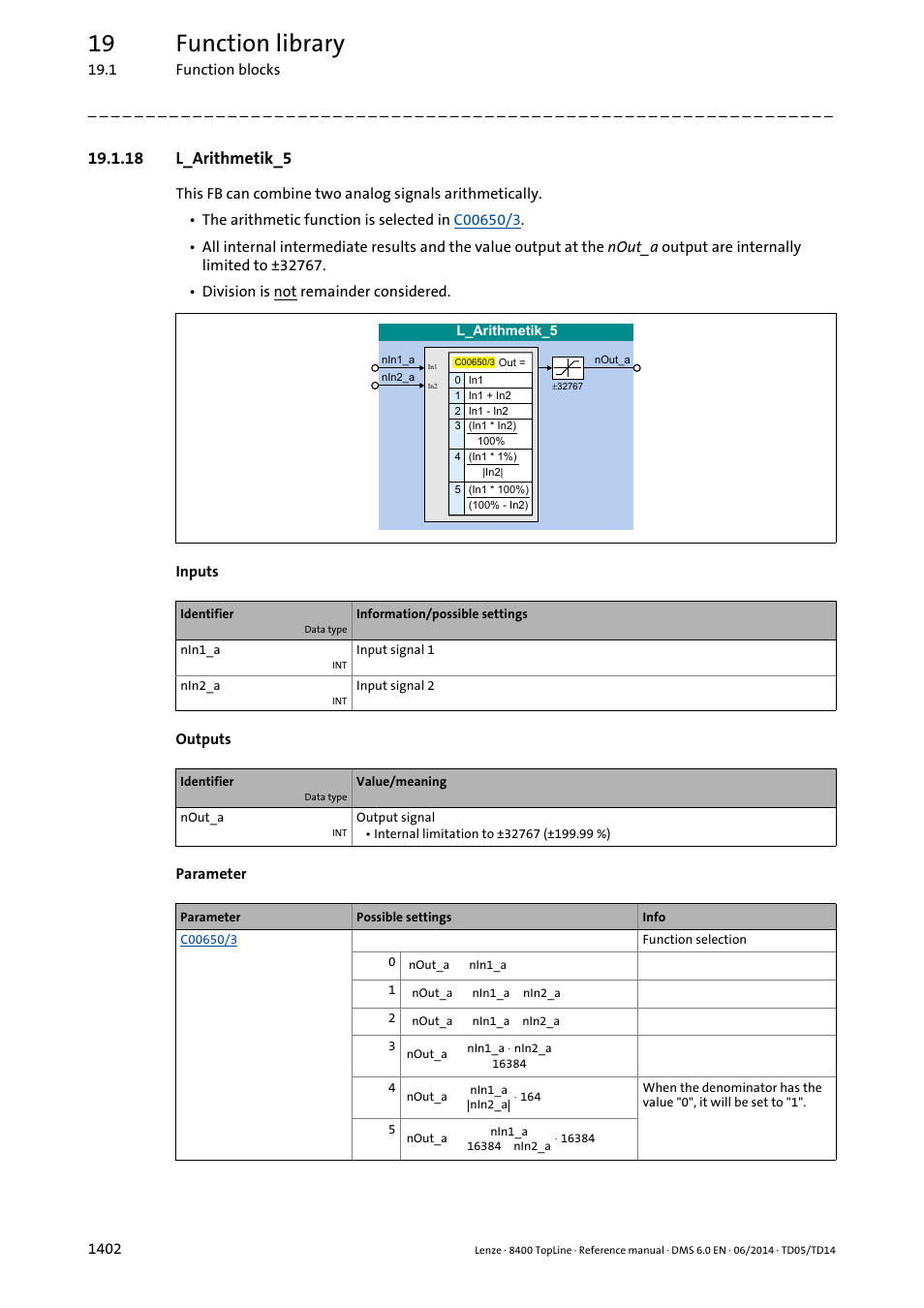 18 l_arithmetik_5, 18 l_arithmetik_5 2, L_arithmetik_5 | Nin1_a, Nin2_a, 19 function library | Lenze 8400 TopLine User Manual | Page 1402 / 1760