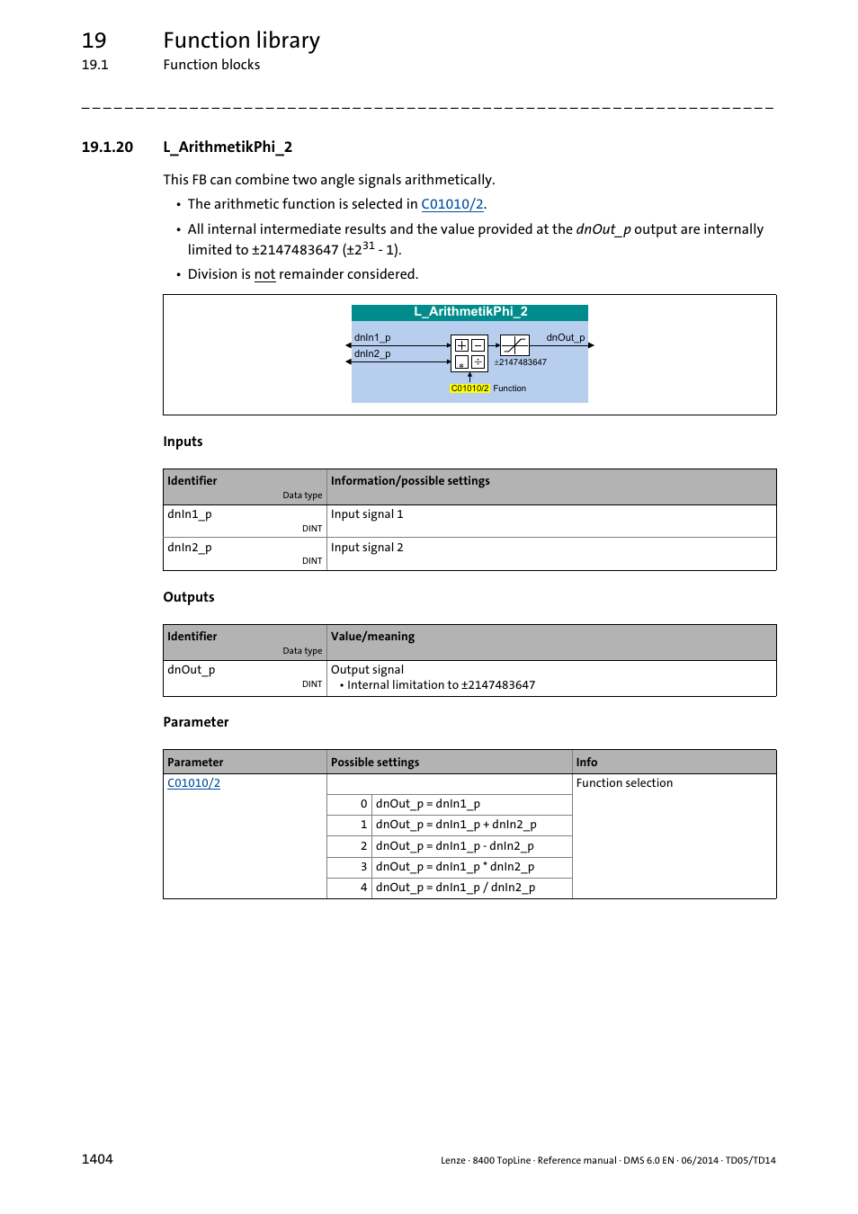 20 l_arithmetikphi_2, 20 l_arithmetikphi_2 4, L_arithmetikphi_2 | 19 function library | Lenze 8400 TopLine User Manual | Page 1404 / 1760