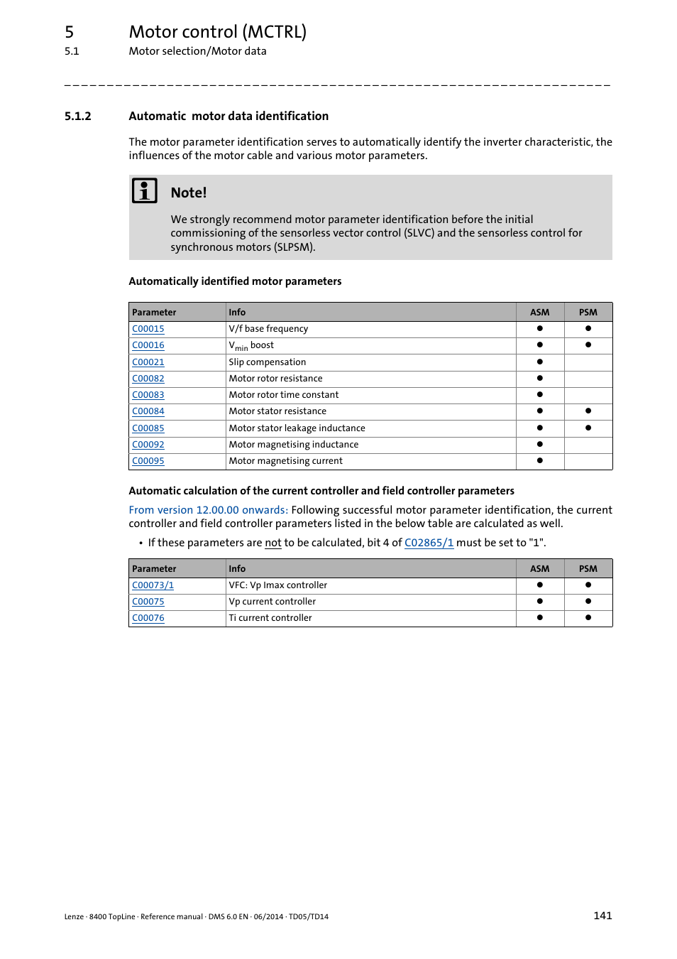 2 automatic motor data identification, Automatic motor data identification, Automatic motor parameter identification | Automatic motor, Data identification, 5motor control (mctrl) | Lenze 8400 TopLine User Manual | Page 141 / 1760