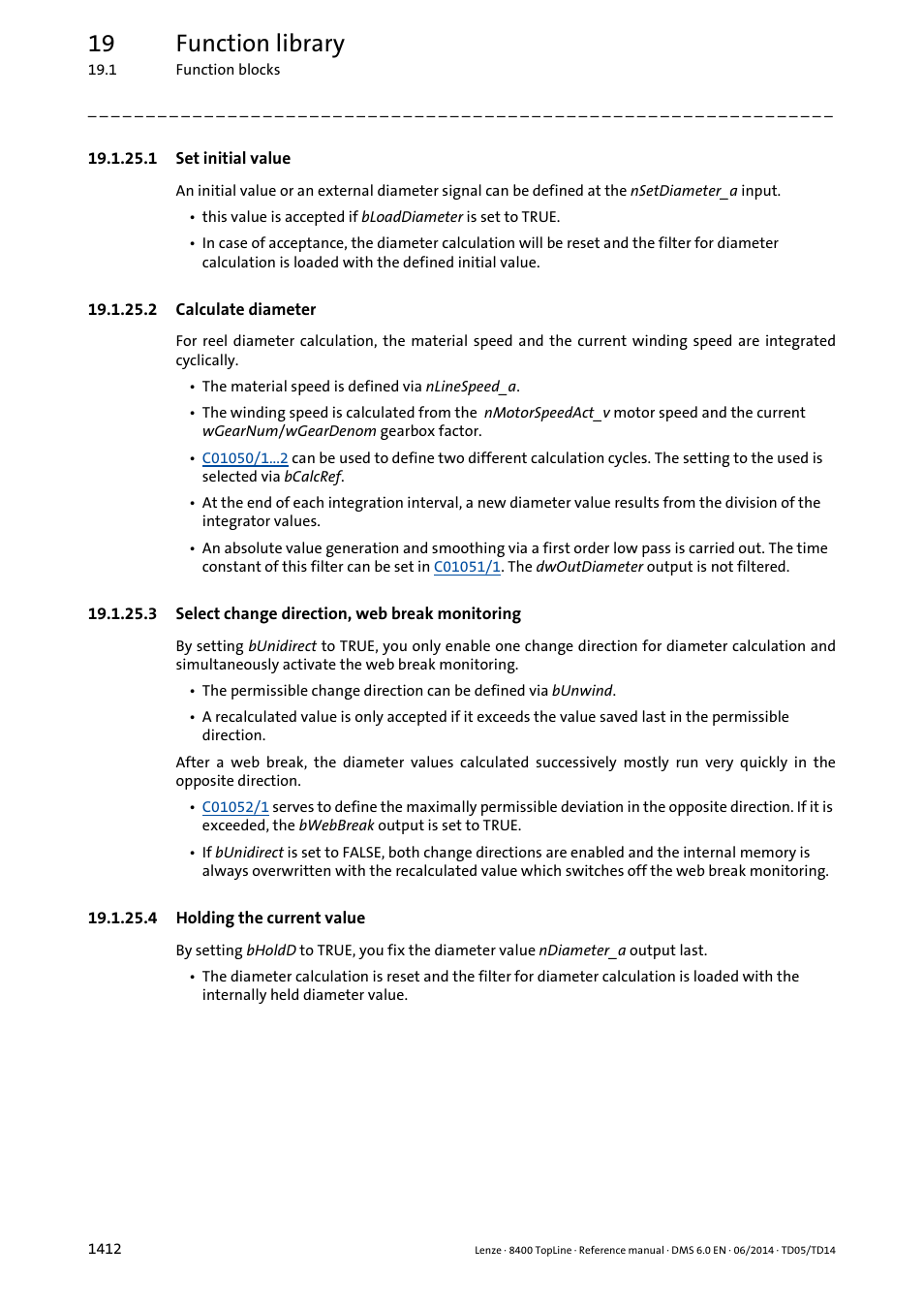 1 set initial value, 2 calculate diameter, 3 select change direction, web break monitoring | 4 holding the current value, Set initial value 2, Calculate diameter 2, Select change direction, web break monitoring 2, Holding the current value 2, 19 function library | Lenze 8400 TopLine User Manual | Page 1412 / 1760