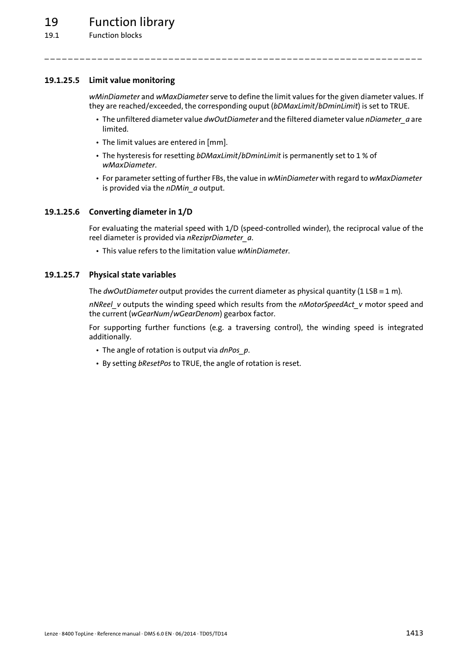 5 limit value monitoring, 6 converting diameter in 1/d, 7 physical state variables | Limit value monitoring 3, Converting diameter in 1/d 3, Physical state variables 3, 19 function library | Lenze 8400 TopLine User Manual | Page 1413 / 1760