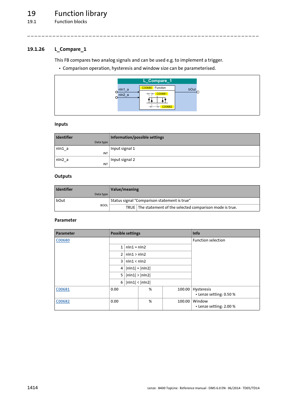 26 l_compare_1, 26 l_compare_1 4, L_compare | L_compare_1, 19 function library | Lenze 8400 TopLine User Manual | Page 1414 / 1760