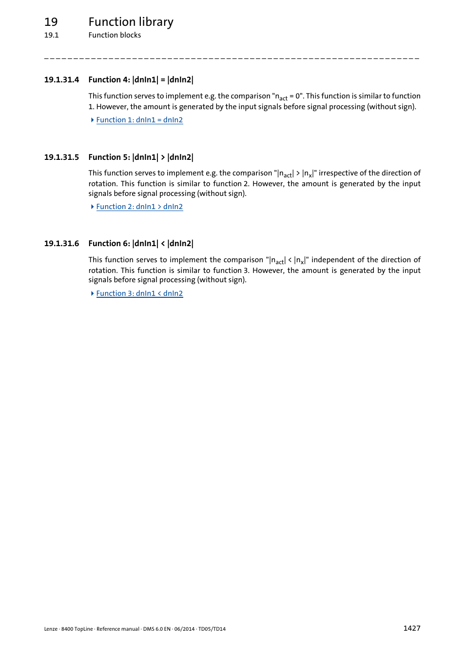 4 function 4: |dnin1| = |dnin2, 5 function 5: |dnin1| > |dnin2, 6 function 6: |dnin1| < |dnin2 | Function 4: |dnin1| = |dnin2| 7, Function 5: |dnin1| > |dnin2| 7, Function 6: |dnin1| < |dnin2| 7, 19 function library | Lenze 8400 TopLine User Manual | Page 1427 / 1760