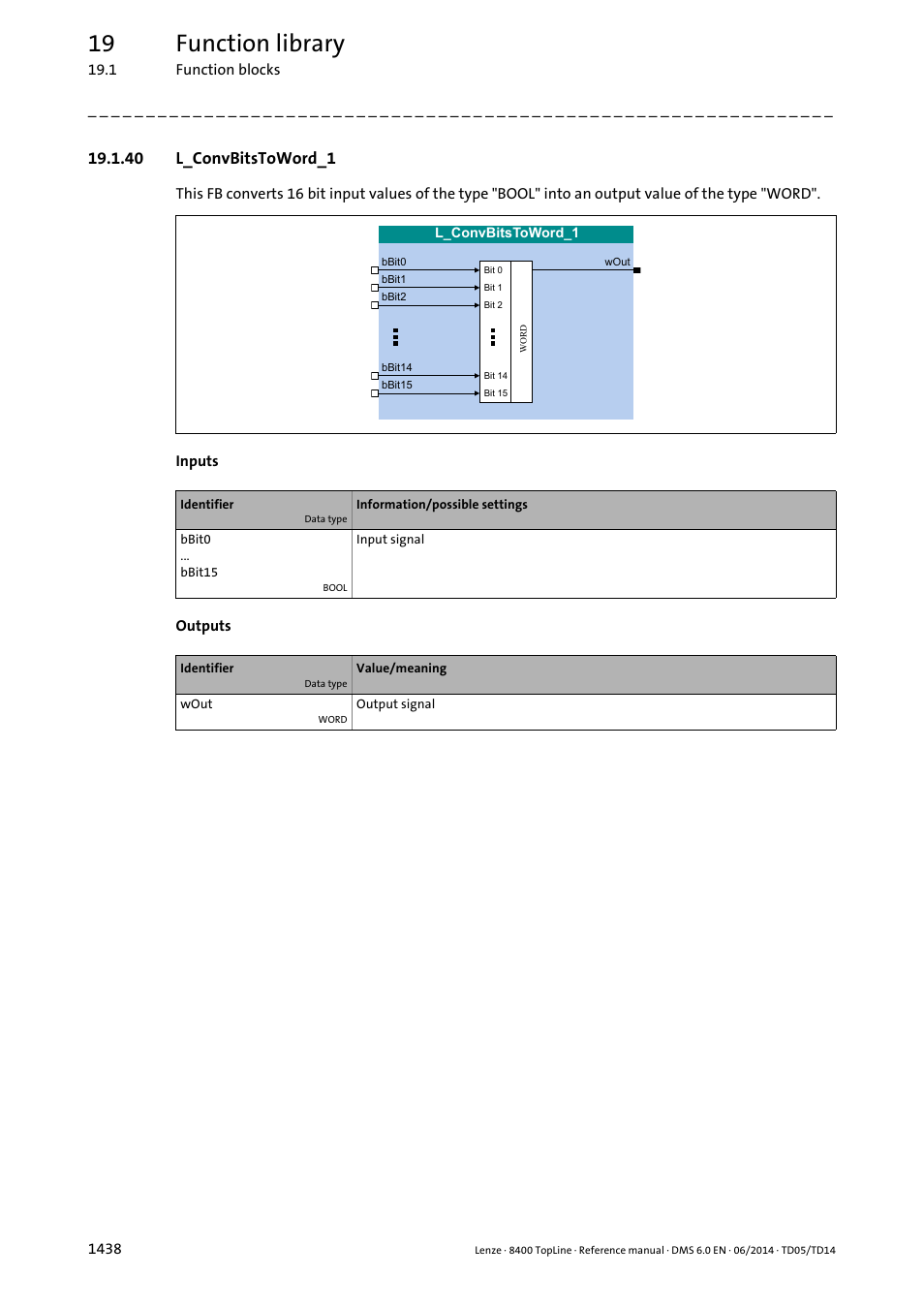 40 l_convbitstoword_1, 40 l_convbitstoword_1 8, L_convbitstoword_1 | 19 function library | Lenze 8400 TopLine User Manual | Page 1438 / 1760