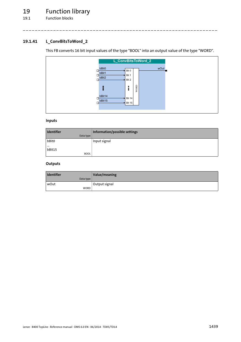 41 l_convbitstoword_2, 41 l_convbitstoword_2 9, L_convbitstoword_2 | 19 function library | Lenze 8400 TopLine User Manual | Page 1439 / 1760