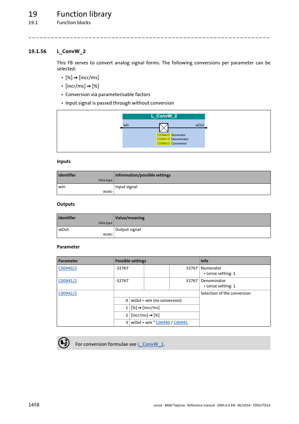 56 l_convw_2, 56 l_convw_2 8, L_convw_2 | 19 function library | Lenze 8400 TopLine User Manual | Page 1458 / 1760
