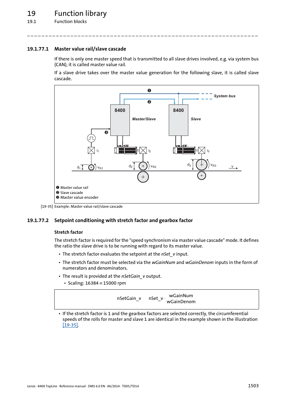 1 master value rail/slave cascade, Master value rail/slave cascade 3, 19 function library | Lenze 8400 TopLine User Manual | Page 1503 / 1760