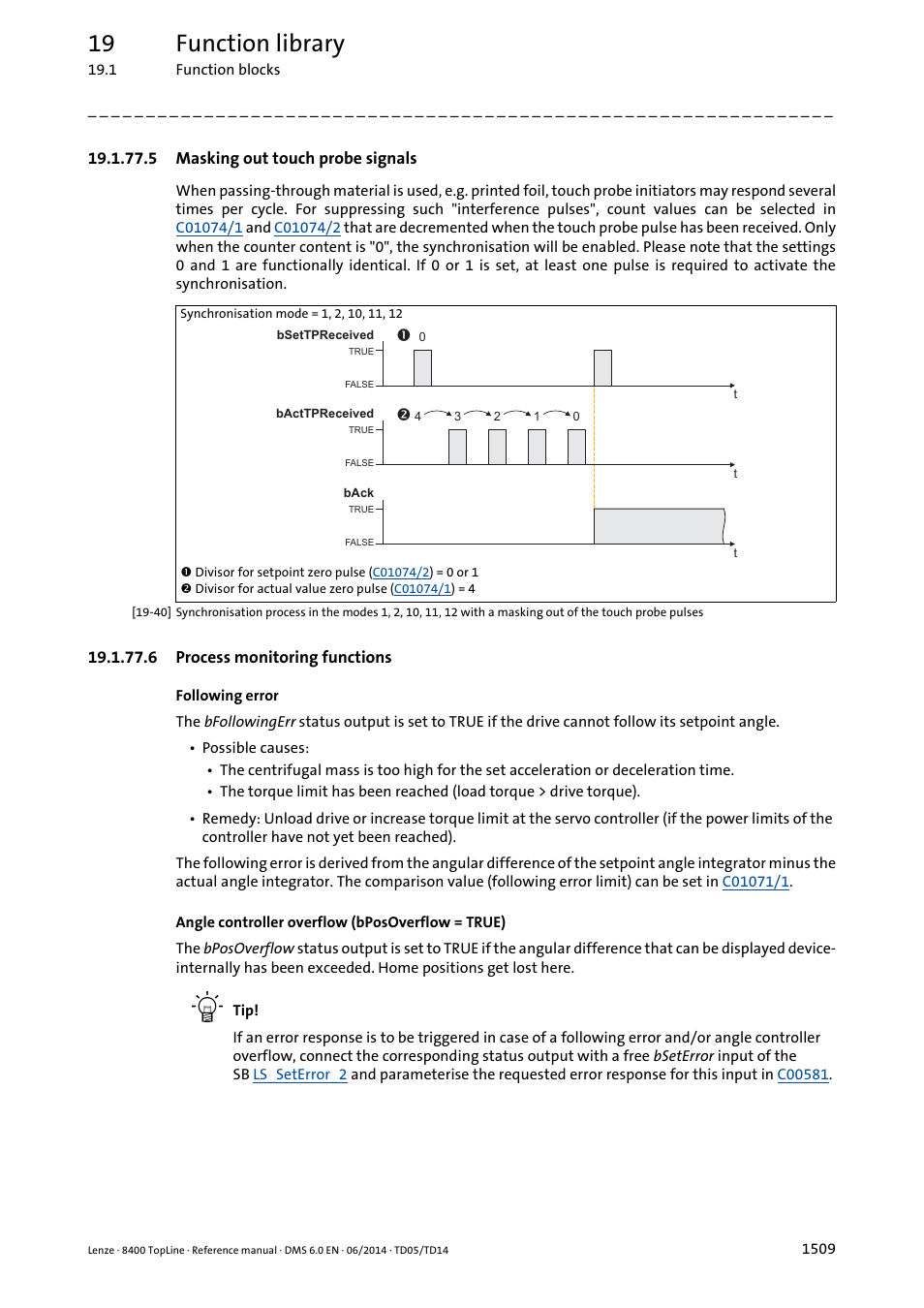 5 masking out touch probe signals, 6 process monitoring functions, Masking out touch probe signals 9 | Process monitoring functions 9, 19 function library | Lenze 8400 TopLine User Manual | Page 1509 / 1760