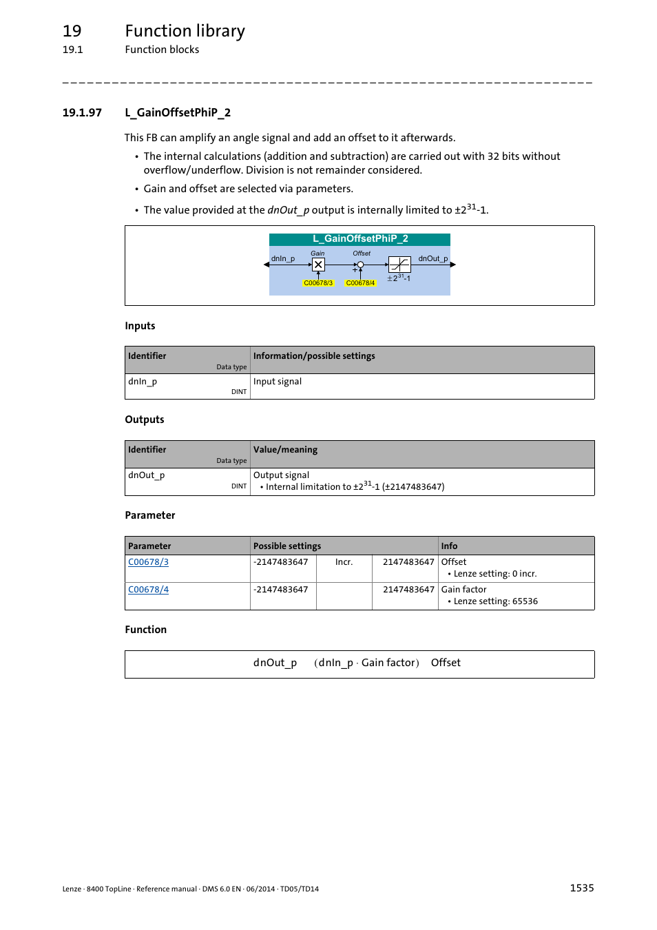 97 l_gainoffsetphip_2, 97 l_gainoffsetphip_2 5, L_gainoffsetphip_2 | 19 function library | Lenze 8400 TopLine User Manual | Page 1535 / 1760