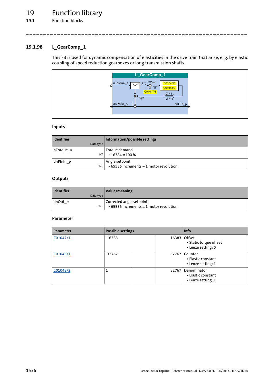 98 l_gearcomp_1, 98 l_gearcomp_1 6, L_gearcomp_1 | 19 function library | Lenze 8400 TopLine User Manual | Page 1536 / 1760