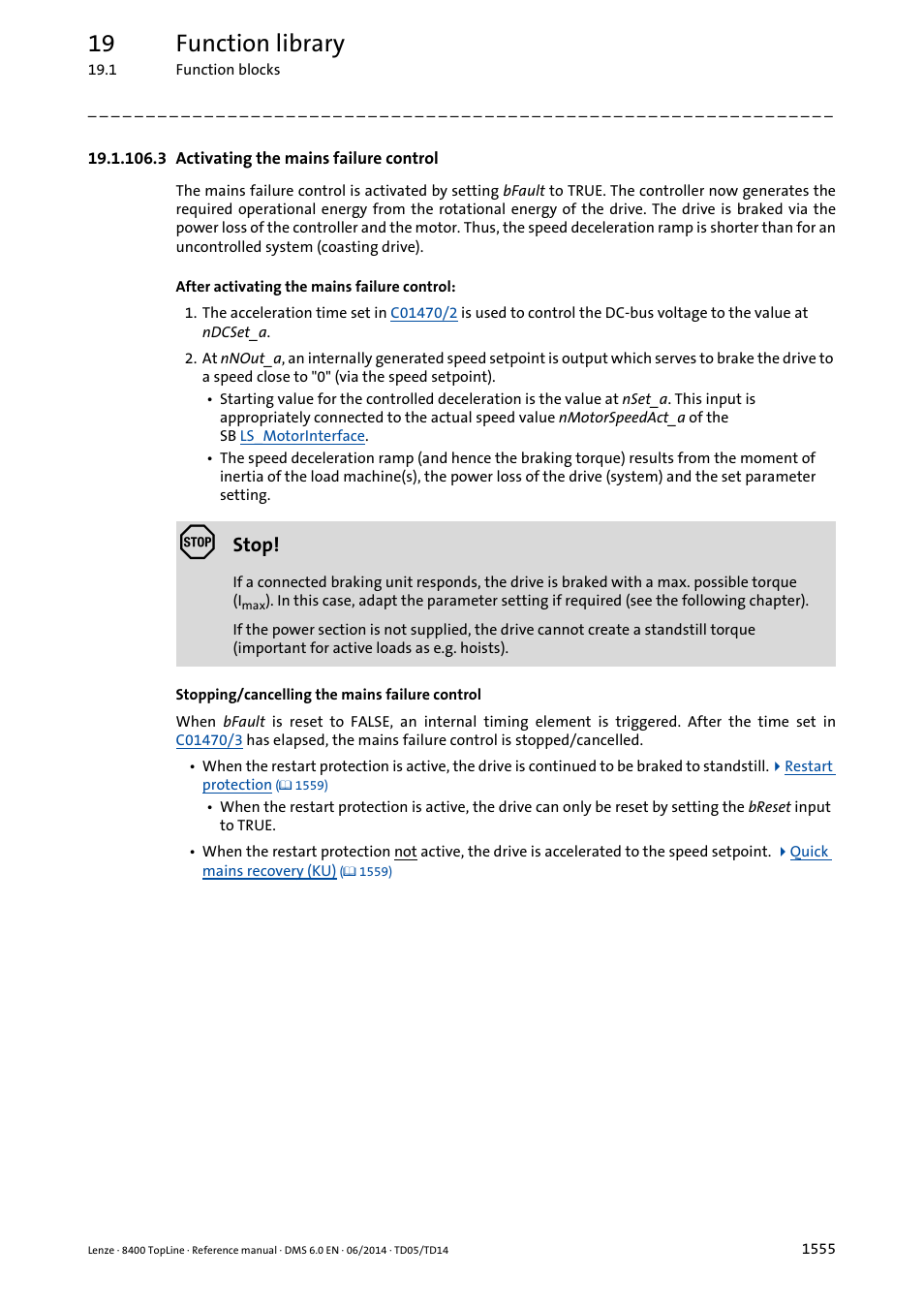 3 activating the mains failure control, 3 activating the mains failure control 5, 19 function library | Stop | Lenze 8400 TopLine User Manual | Page 1555 / 1760