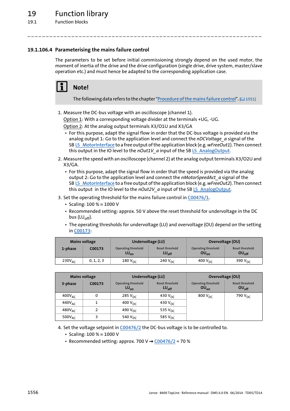 4 parameterising the mains failure control, 4 parameterising the mains failure control 6, 19 function library | Lenze 8400 TopLine User Manual | Page 1556 / 1760