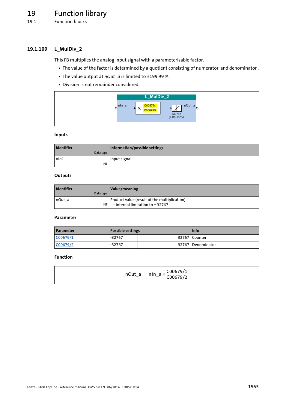 109 l_muldiv_2, 109 l_muldiv_2 5, L_muldiv_2 | 19 function library | Lenze 8400 TopLine User Manual | Page 1565 / 1760