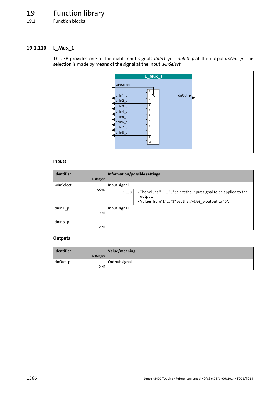 110 l_mux_1, 110 l_mux_1 6, L_mux_1 | 19 function library | Lenze 8400 TopLine User Manual | Page 1566 / 1760