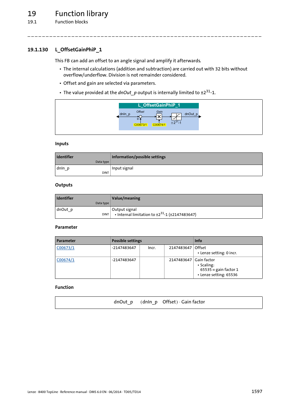 130 l_offsetgainphip_1, 130 l_offsetgainphip_1 7, L_offsetgainphip_1 | 19 function library | Lenze 8400 TopLine User Manual | Page 1597 / 1760