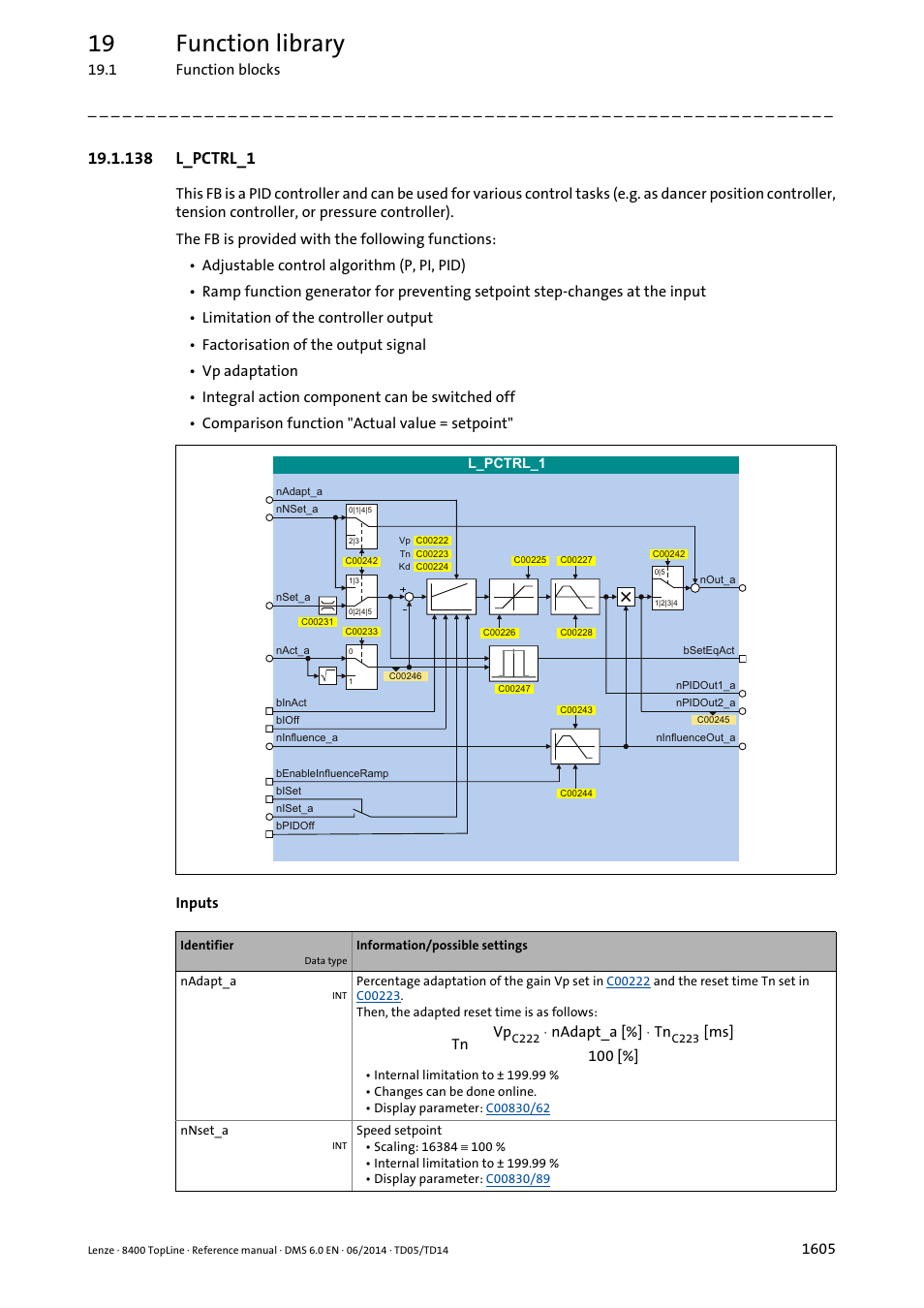 138 l_pctrl_1, 138 l_pctrl_1 5, E the | L_pctrl_1, Block, L_pctrl, 19 function library | Lenze 8400 TopLine User Manual | Page 1605 / 1760