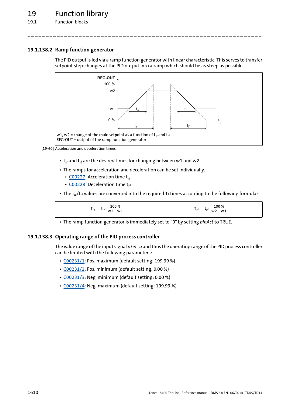 2 ramp function generator, 3 operating range of the pid process controller, 2 ramp function generator 0 | 3 operating range of the pid process controller 0, 19 function library | Lenze 8400 TopLine User Manual | Page 1610 / 1760