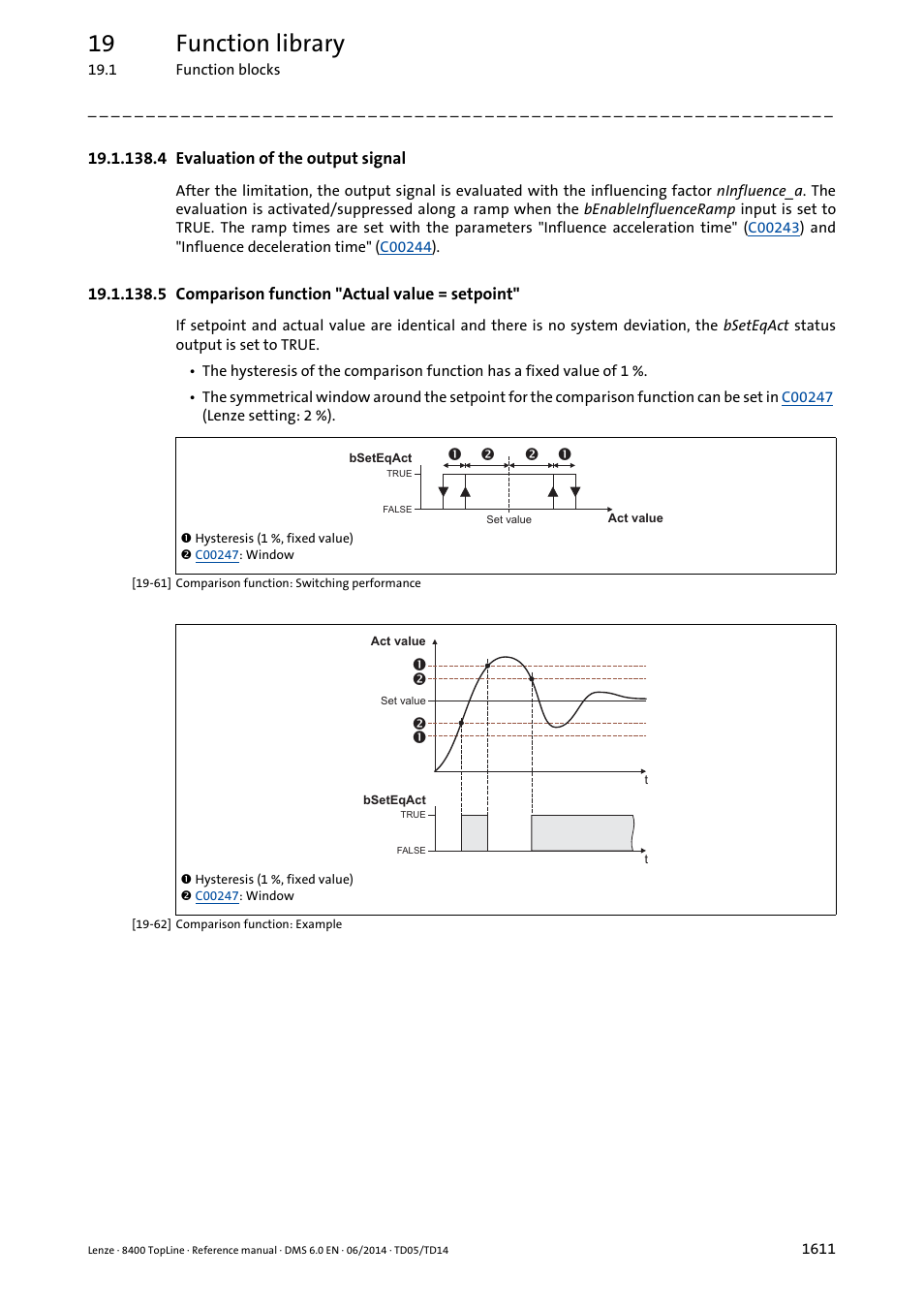 4 evaluation of the output signal, 5 comparison function "actual value = setpoint, 4 evaluation of the output signal 1 | 5 comparison function "actual value = setpoint" 1, 19 function library | Lenze 8400 TopLine User Manual | Page 1611 / 1760