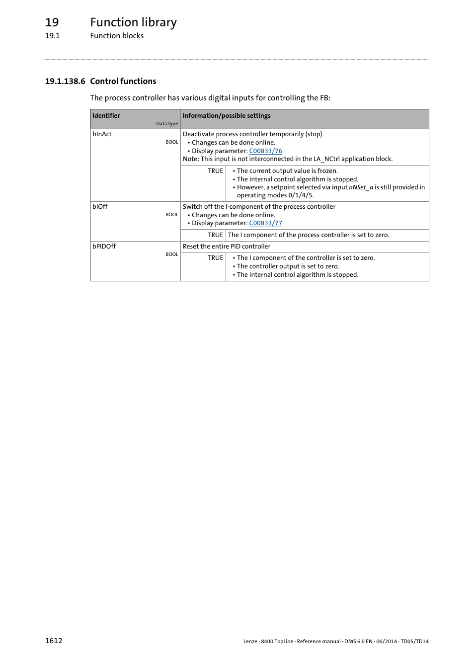 6 control functions, 6 control functions 2, 19 function library | Lenze 8400 TopLine User Manual | Page 1612 / 1760