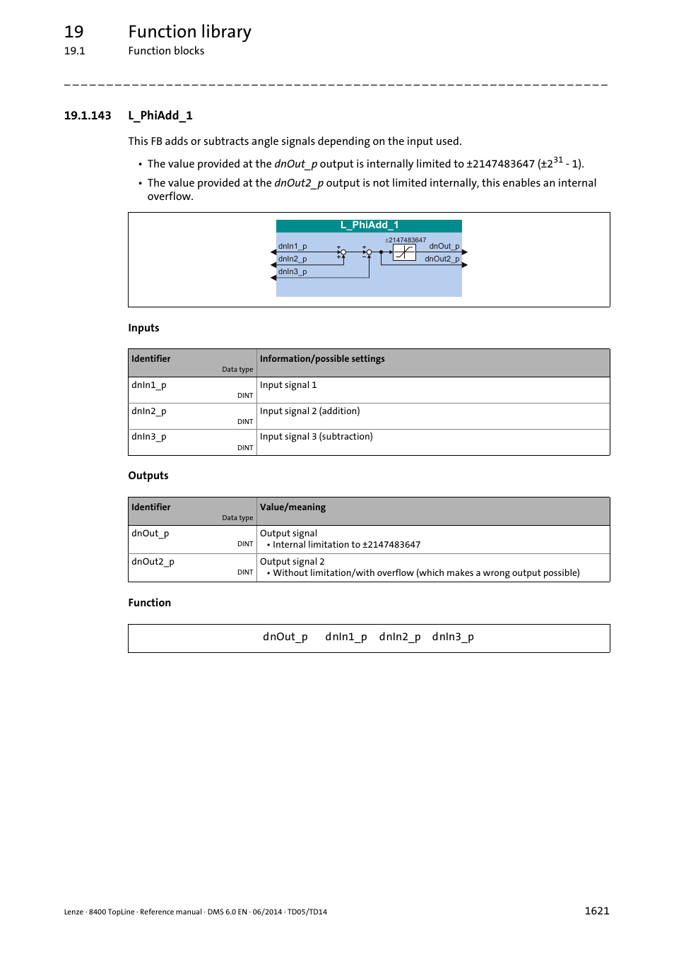 143 l_phiadd_1, 143 l_phiadd_1 1, L_phiadd_1 | 19 function library | Lenze 8400 TopLine User Manual | Page 1621 / 1760