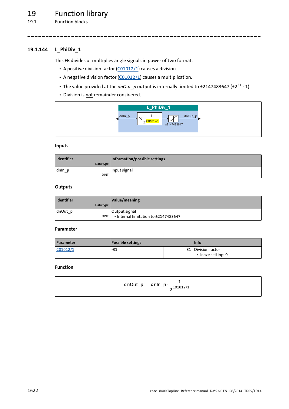 144 l_phidiv_1, 144 l_phidiv_1 2, L_phidiv_1 | 19 function library | Lenze 8400 TopLine User Manual | Page 1622 / 1760