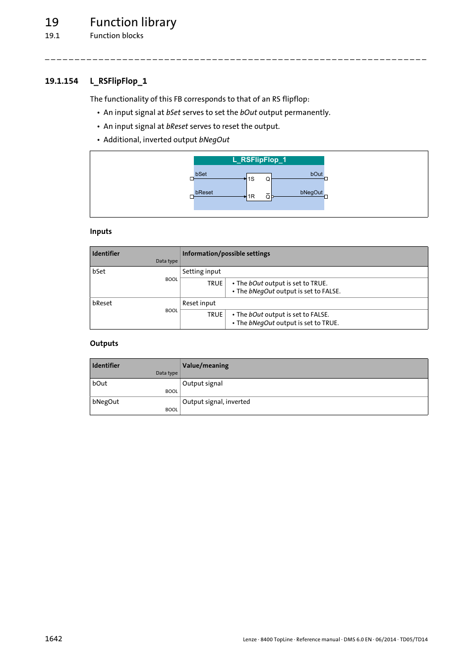 154 l_rsflipflop_1, 154 l_rsflipflop_1 2, L_rsflipflop_1 | 19 function library | Lenze 8400 TopLine User Manual | Page 1642 / 1760