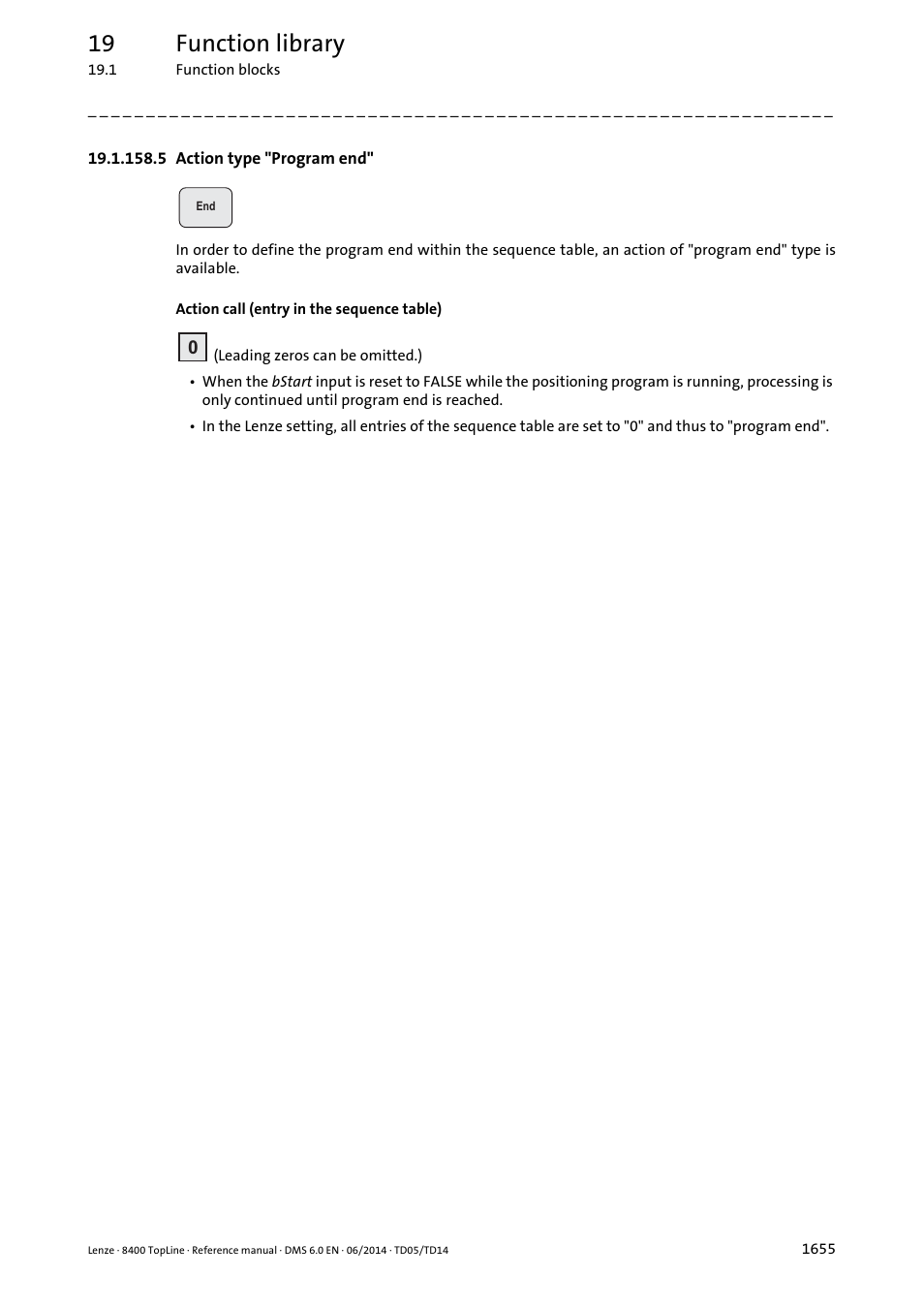 5 action type "program end, 5 action type "program end" 5, Program end | 19 function library | Lenze 8400 TopLine User Manual | Page 1655 / 1760