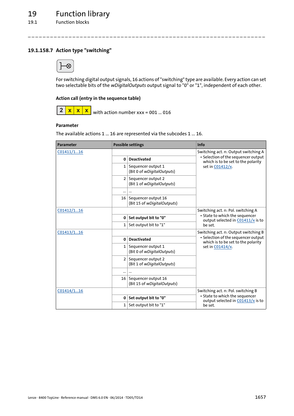 7 action type "switching, 7 action type "switching" 7, L_sequencer_1: "switching" action | Switching, 19 function library, 2 x x x | Lenze 8400 TopLine User Manual | Page 1657 / 1760