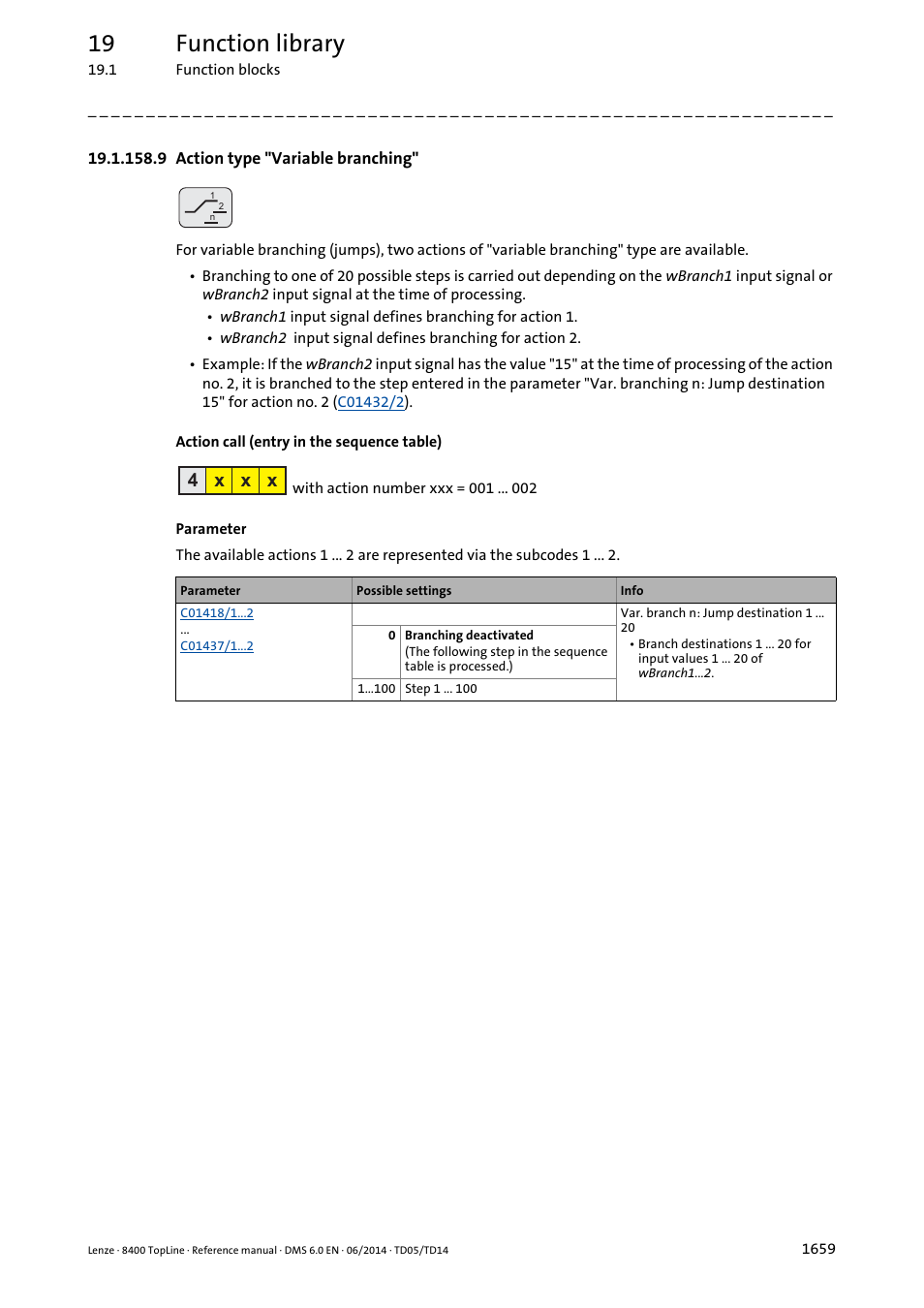 9 action type "variable branching, 9 action type "variable branching" 9, L_sequencer_1: "variable branch" action | Variable branching, Type, 19 function library, 4 x x x | Lenze 8400 TopLine User Manual | Page 1659 / 1760