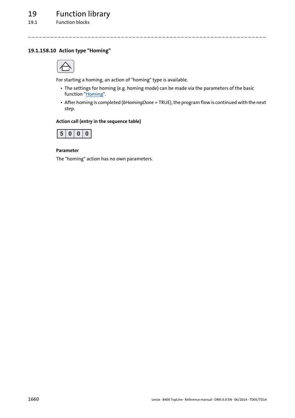 10 action type "homing, 10 action type "homing" 0, Homing | 19 function library | Lenze 8400 TopLine User Manual | Page 1660 / 1760