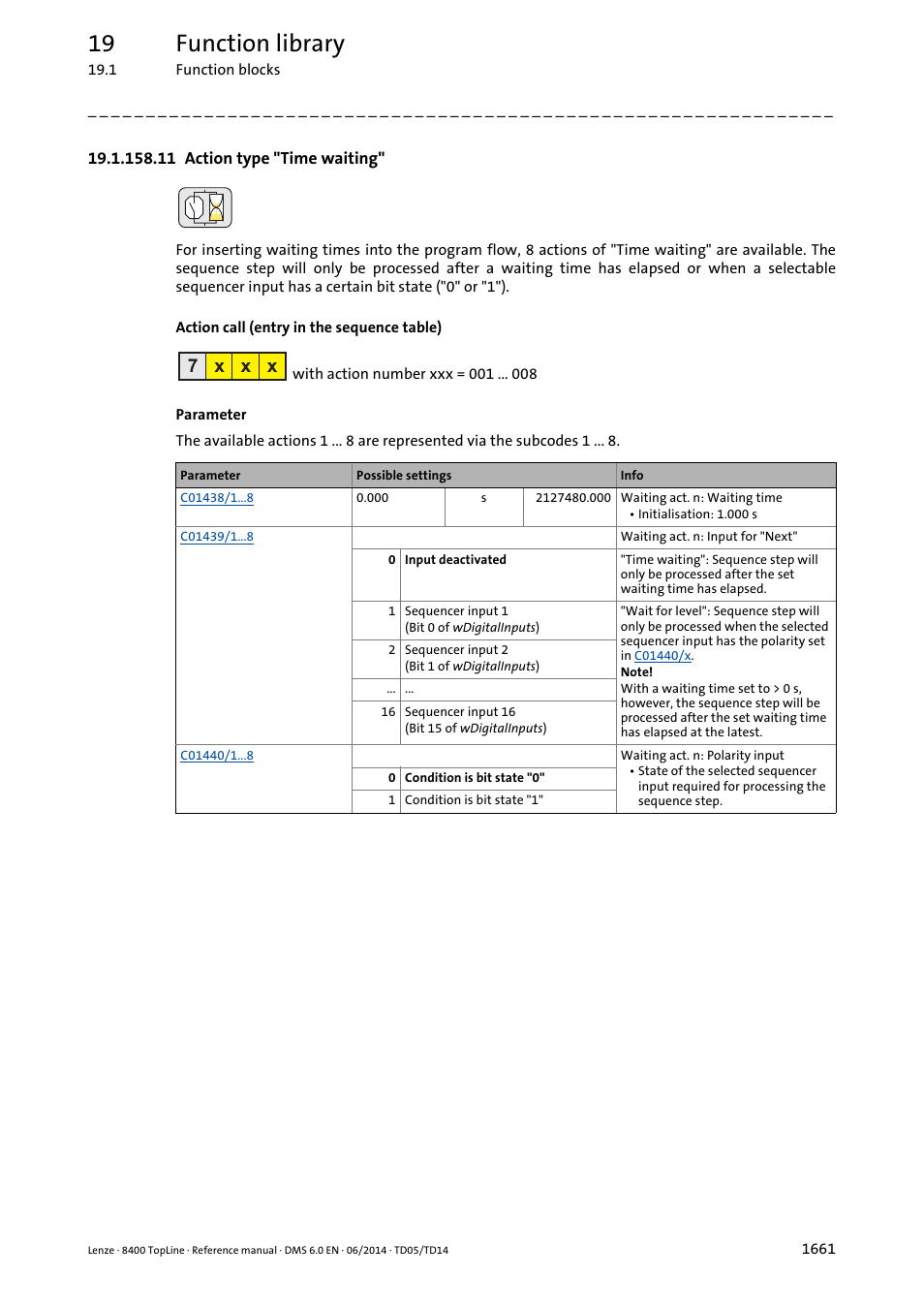 11 action type "time waiting, 11 action type "time waiting" 1, L_sequencer_1: "waiting" action | Time waiting, 19 function library, 7 x x x | Lenze 8400 TopLine User Manual | Page 1661 / 1760