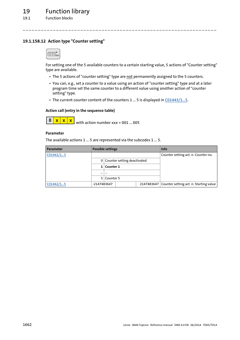 12 action type "counter setting, 12 action type "counter setting" 2, L_sequencer_1: "counter setting" action | Counter setting, 19 function library, 8 x x x | Lenze 8400 TopLine User Manual | Page 1662 / 1760