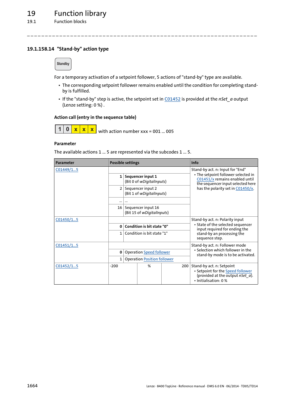 14 "stand-by" action type, 14 "stand-by" action type 4, L_sequencer_1: "standby" action | L_sequencer_1 (sequence control), Standby, Stand-by, Action is active, it is cancell, Action, 19 function library, 1 0 x x x | Lenze 8400 TopLine User Manual | Page 1664 / 1760