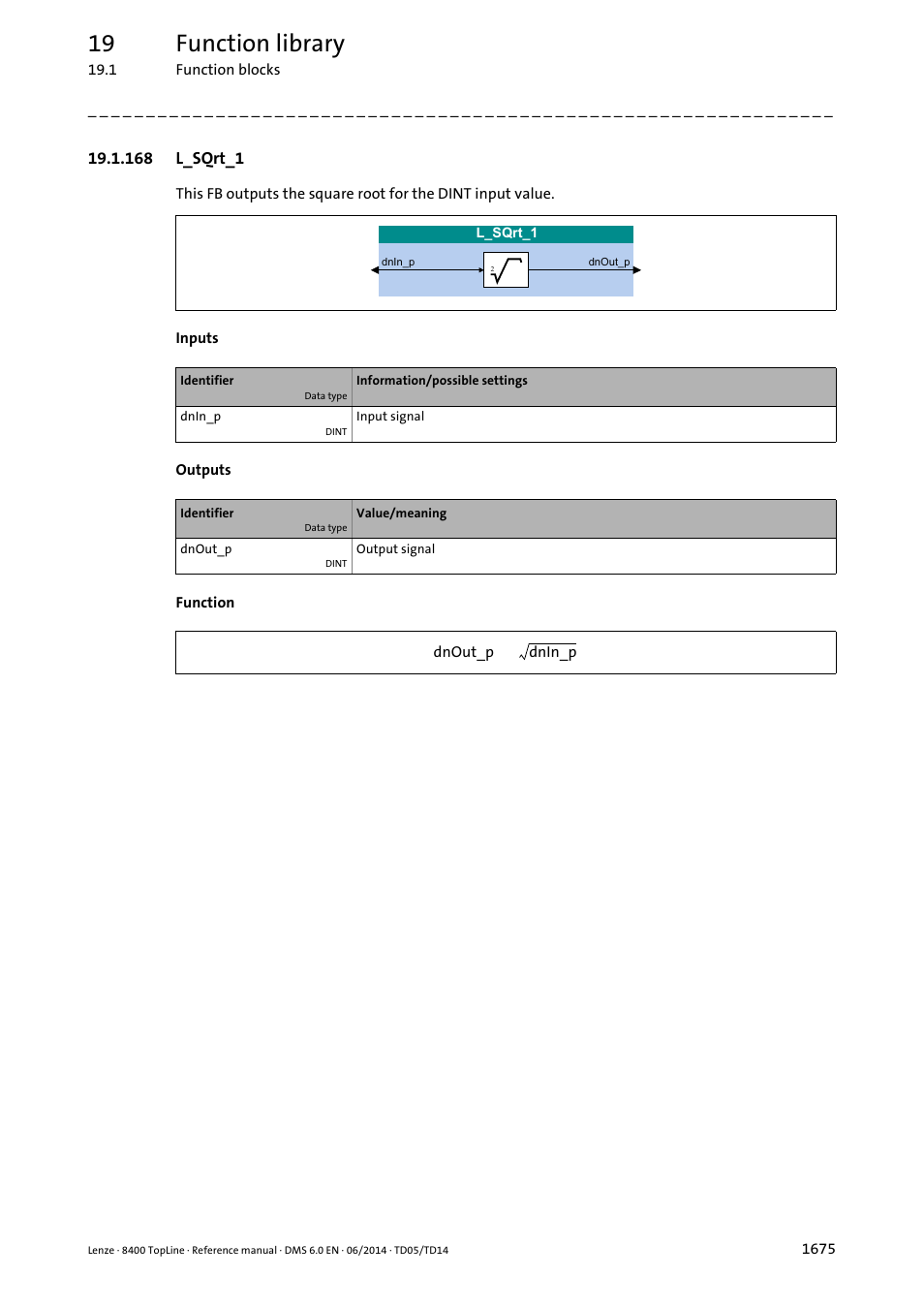 168 l_sqrt_1, 168 l_sqrt_1 5, L_sqrt_1 | 19 function library | Lenze 8400 TopLine User Manual | Page 1675 / 1760