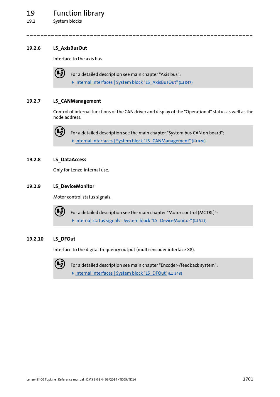 6 ls_axisbusout, 7 ls_canmanagement, 8 ls_dataaccess | 9 ls_devicemonitor, 10 ls_dfout, Ls_axisbusout 1, Ls_canmanagement 1, Ls_dataaccess 1, Ls_devicemonitor 1, 10 ls_dfout 1 | Lenze 8400 TopLine User Manual | Page 1701 / 1760