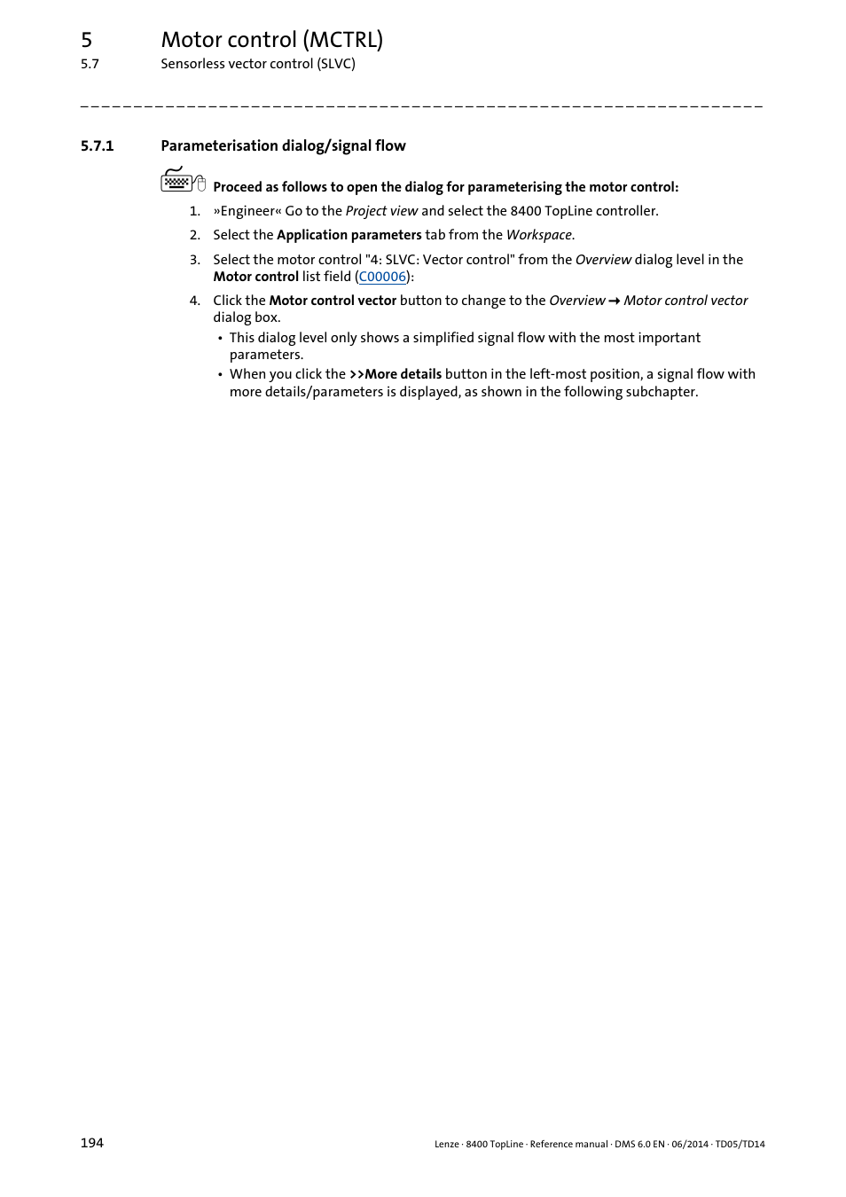 1 parameterisation dialog/signal flow, Parameterisation dialog/signal flow, 5motor control (mctrl) | Lenze 8400 TopLine User Manual | Page 194 / 1760