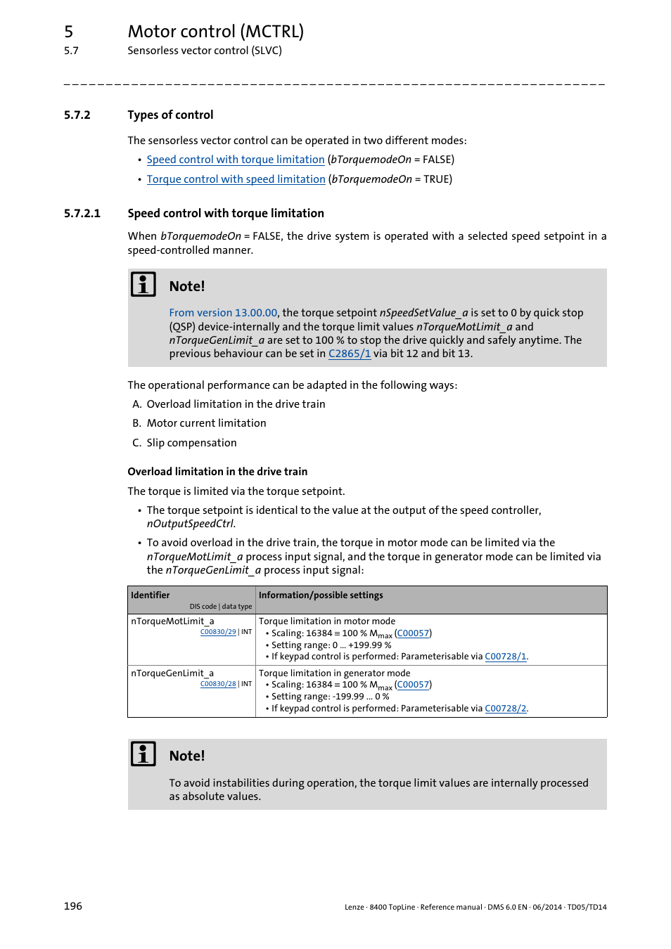 2 types of control, 1 speed control with torque limitation, Types of control | Speed control with torque limitation, 5motor control (mctrl) | Lenze 8400 TopLine User Manual | Page 196 / 1760