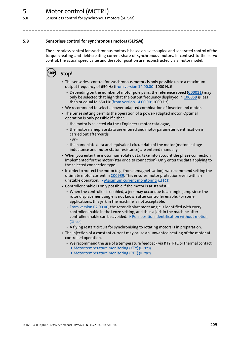 Sensorless control for synchronous motors (slpsm), 5motor control (mctrl), Stop | Lenze 8400 TopLine User Manual | Page 209 / 1760