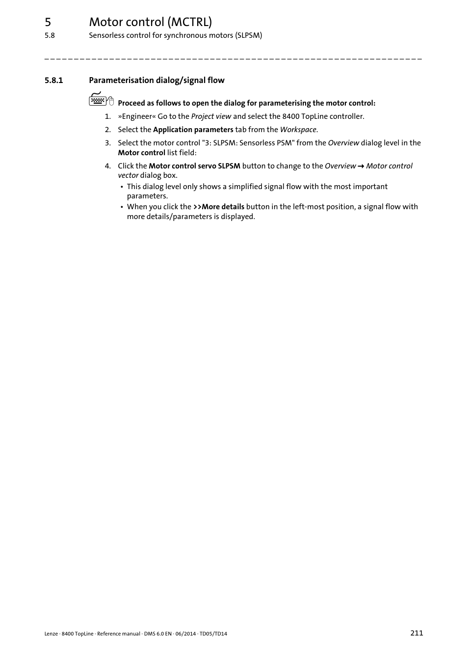 1 parameterisation dialog/signal flow, Parameterisation dialog/signal flow, 5motor control (mctrl) | Lenze 8400 TopLine User Manual | Page 211 / 1760