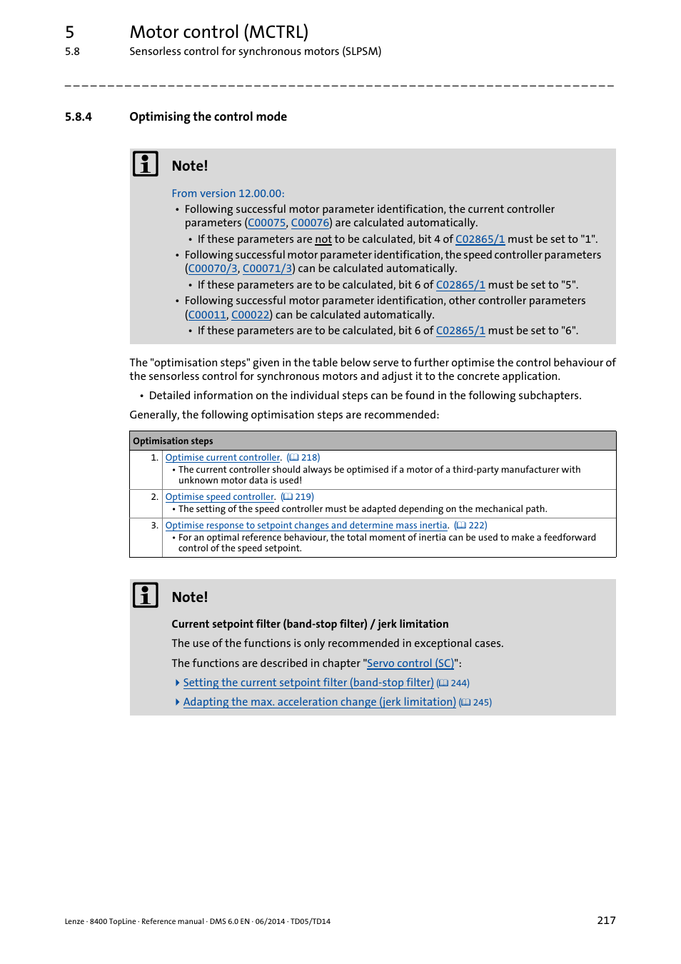 4 optimising the control mode, Optimising the control mode, Chapter | 5motor control (mctrl) | Lenze 8400 TopLine User Manual | Page 217 / 1760