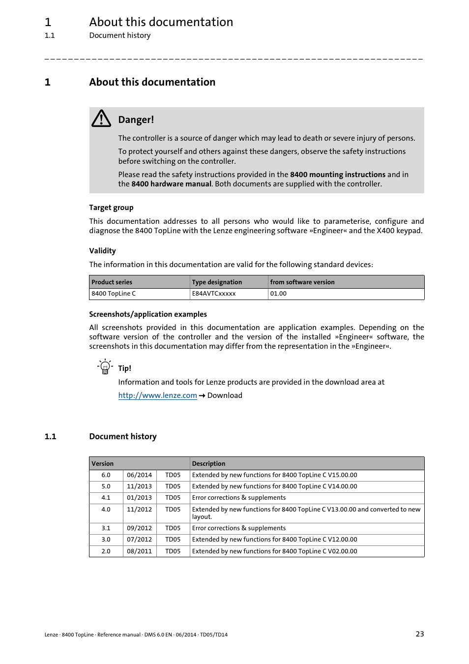 1 about this documentation, 1 document history, About this documentation | Document history, 1about this documentation, Danger | Lenze 8400 TopLine User Manual | Page 23 / 1760