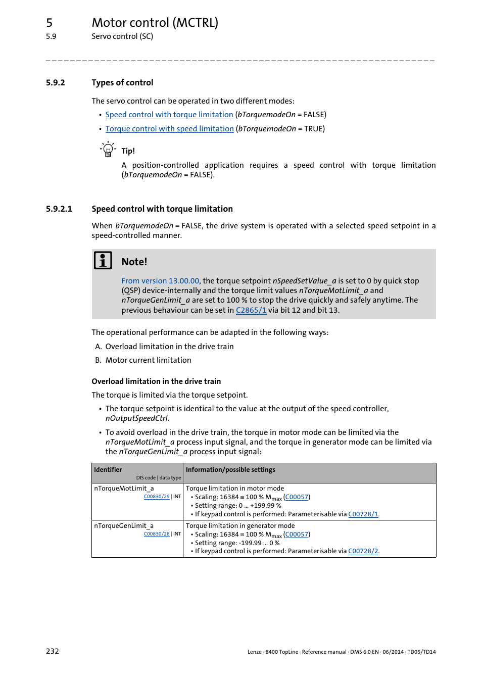 2 types of control, 1 speed control with torque limitation, Types of control | Speed control with torque limitation, 5motor control (mctrl) | Lenze 8400 TopLine User Manual | Page 232 / 1760