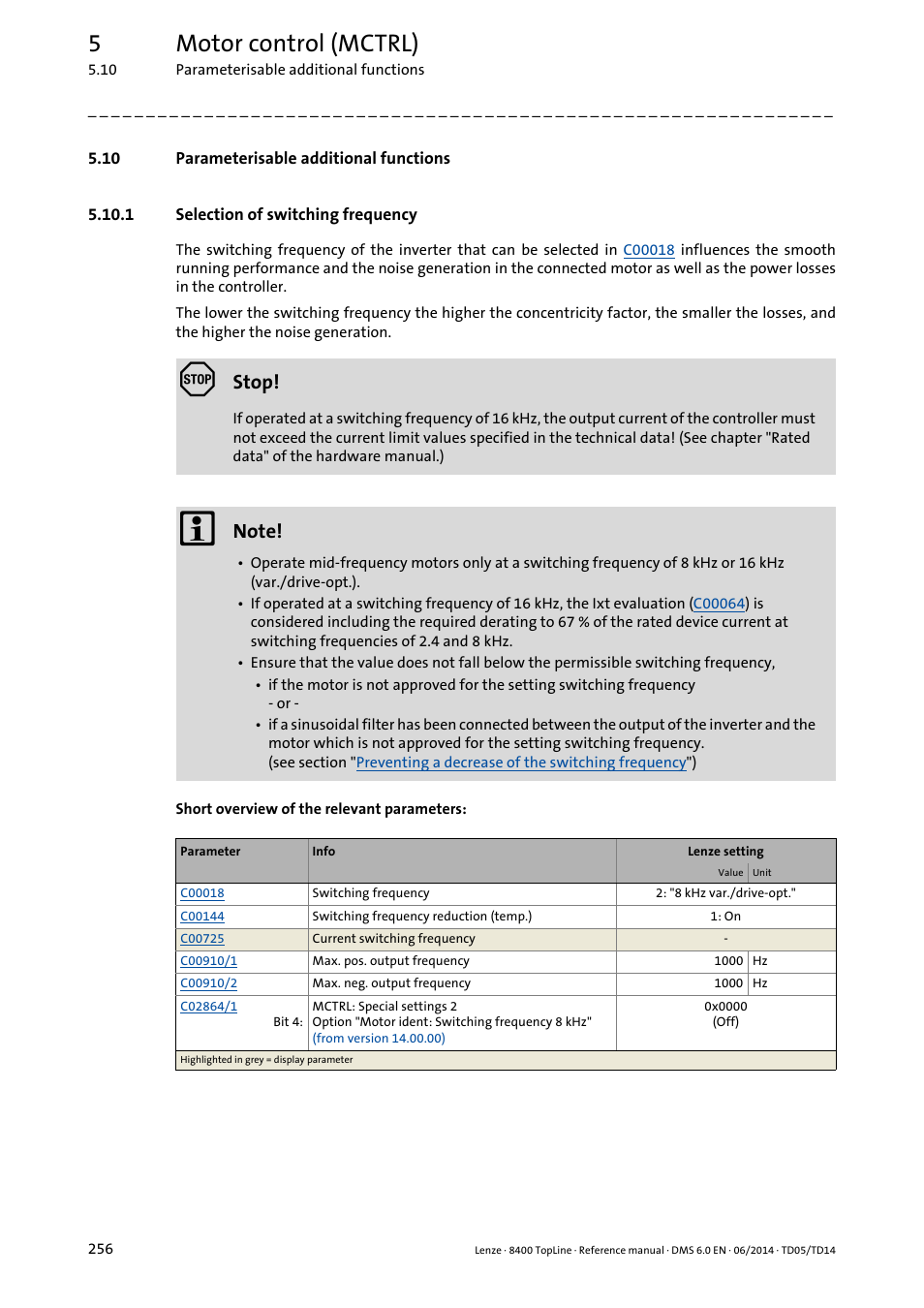 10 parameterisable additional functions, 1 selection of switching frequency, Selection of switching frequency | Parameterisable additional functions, 5motor control (mctrl), Stop | Lenze 8400 TopLine User Manual | Page 256 / 1760